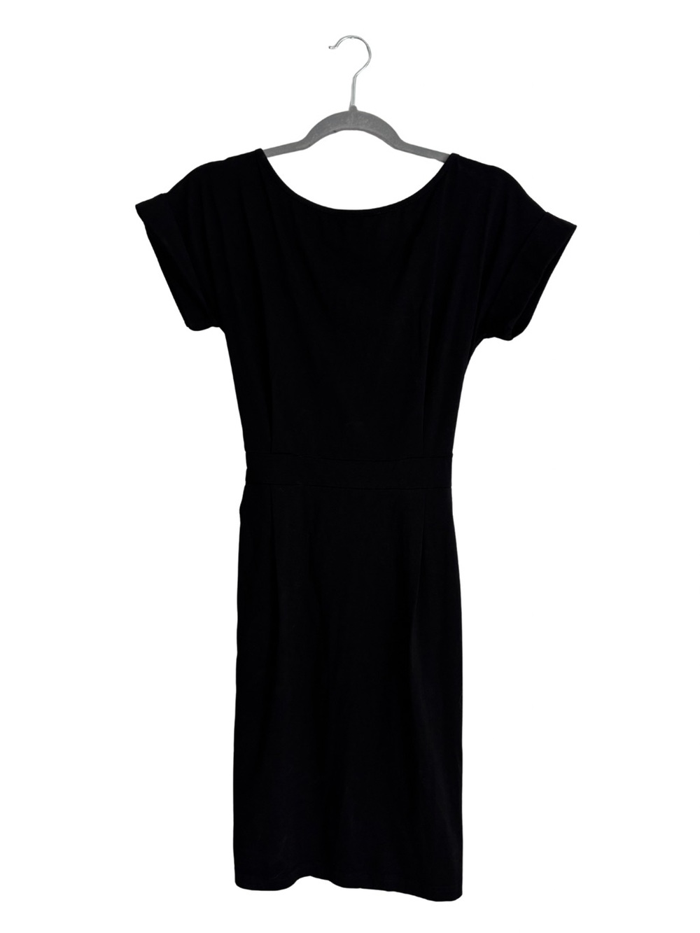 Elegant Black Short-Sleeve Sheath Dress Tie Front or Back